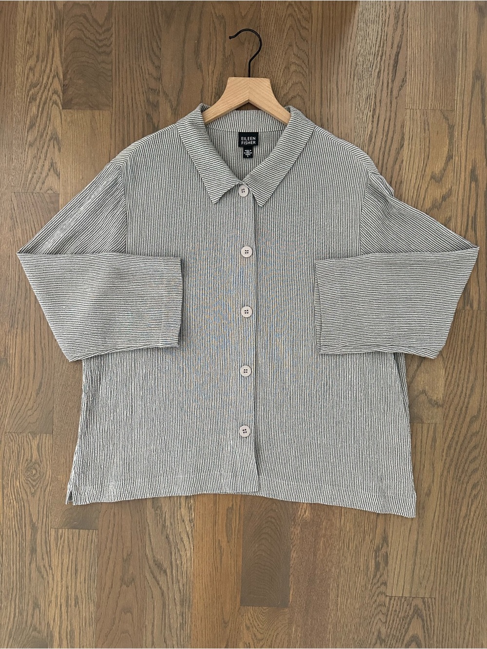 Eileen Fisher Crinkle Linen Blend Pinstripe Gauze Button Front Top in Grey Large